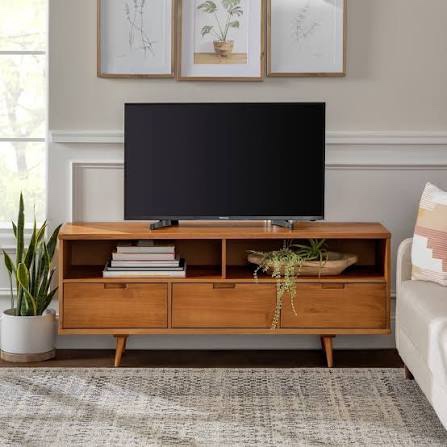 Walker Edison 3-Drawer Mid Century Modern Wood TV Stand for TV's up to 65" Flat Screen Cabinet Door Living Room Storage Entertainment Center, 58 Inch, Caramel