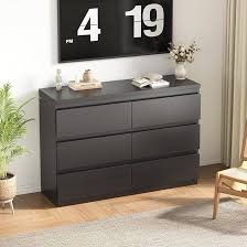 Black 6 Drawer Dresser for Bedroom, 15.3" D x 47.2" W x 32.3" H in Simply Modern Chest of Drawers, Wood Storage Double Dresser with Deep Drawers for Living Room, Hallway Entryway, Black
