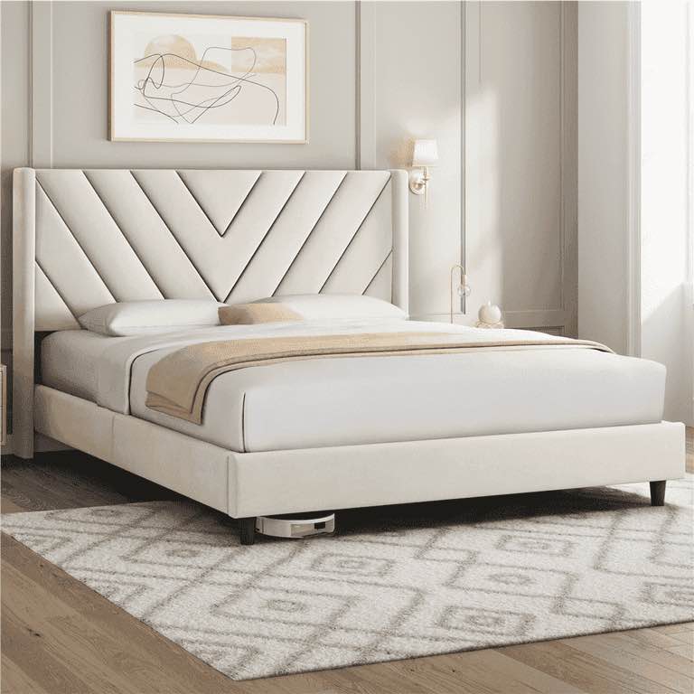 Yaheetech Upholstered Platform Bed with Tufted Headboard, Queen, Beige
