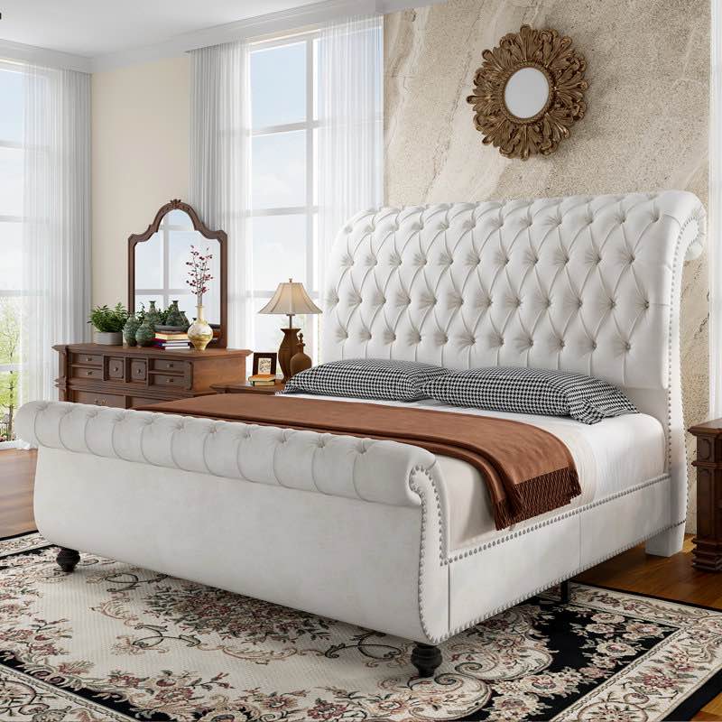 Upholstered Wingback Sleigh Bed with Deep Button Tufting and Nailhead Trim -Queen
