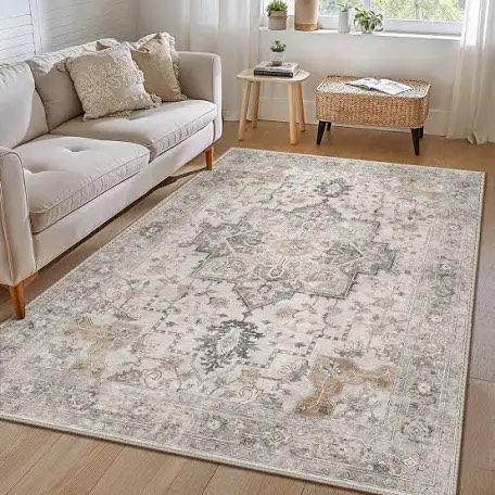 Roehit Beige / Brown Machine Washable Performance Area Rug with Non-slip Backing