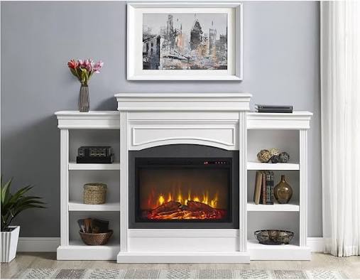 Ameriwood Home Lamont 69 Inch Electric Fireplace with Mantel, Shelves, Replaceable Fireplace Insert Heater (NOT INCLUDED), White