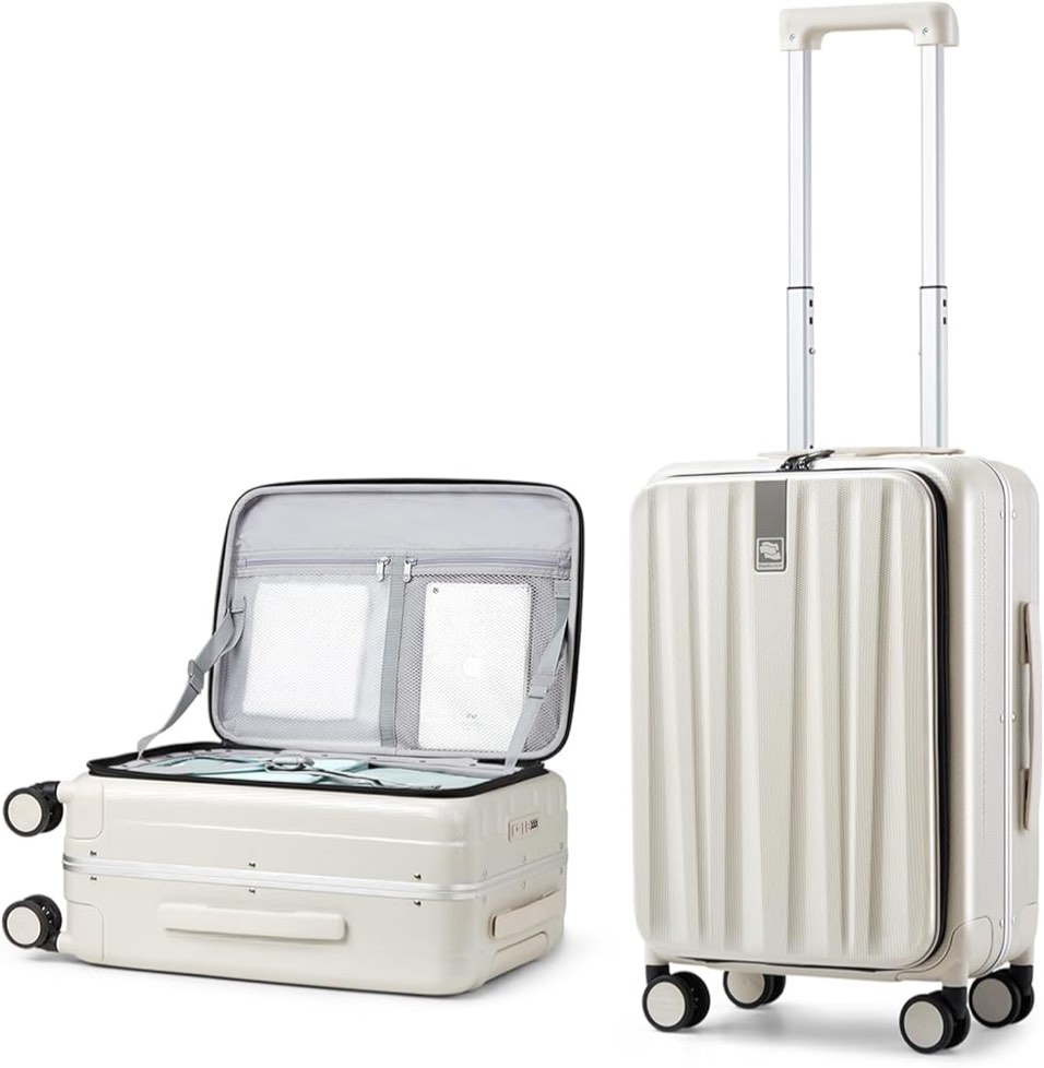 Hanke 20 Inch Carry On Luggage with Wheels PC Hard Shell Suitcase Top Opening Aluminum Frame Travel Luggage Suitcases for Woman Men Gifts.(Ivory White)