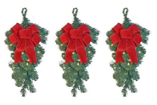 Set of 3 Pre-Lit Artificial Pine Christmas Teardrop Swags with Wired Red Bows, Battery Operated with Timers, 20 Inches High