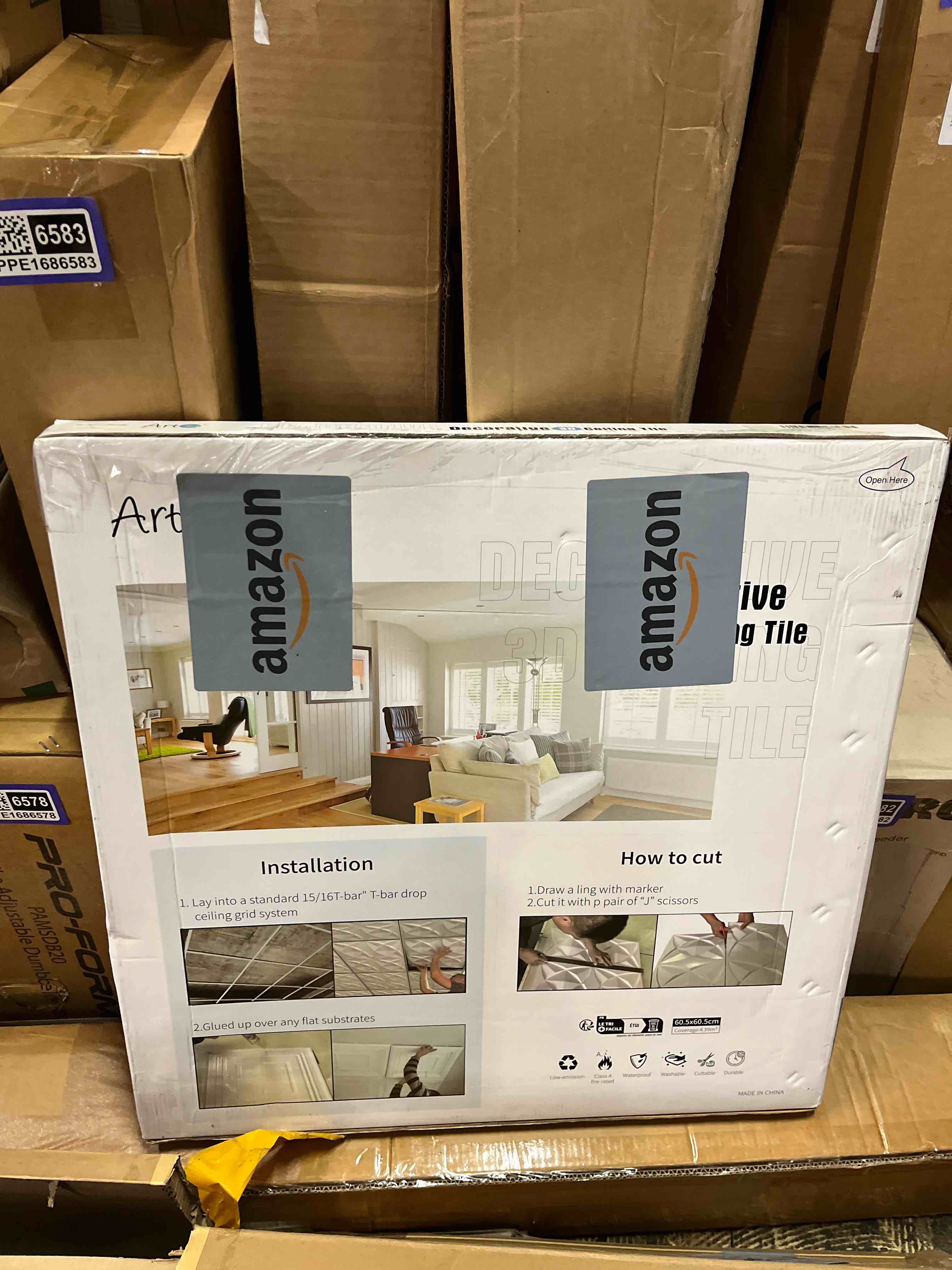 Condition photo showing New/Like New for Art3d 12-Pack 24×24 Inch PVC Waterproof Drop Ceiling Tiles for Home Décor - 2x2 ft 3D Modern Ceiling Panel for Suspended Grid, White