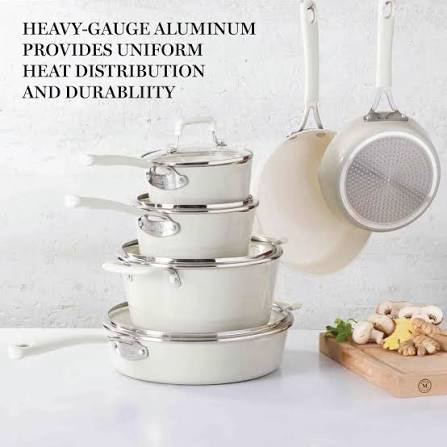 Condition photo showing New/Like New for Martha Stewart Heathland Premium Nonstick PFA Free Ceramic Interior 10-Piece Tapered Aluminum Cookware Set - Linen White
