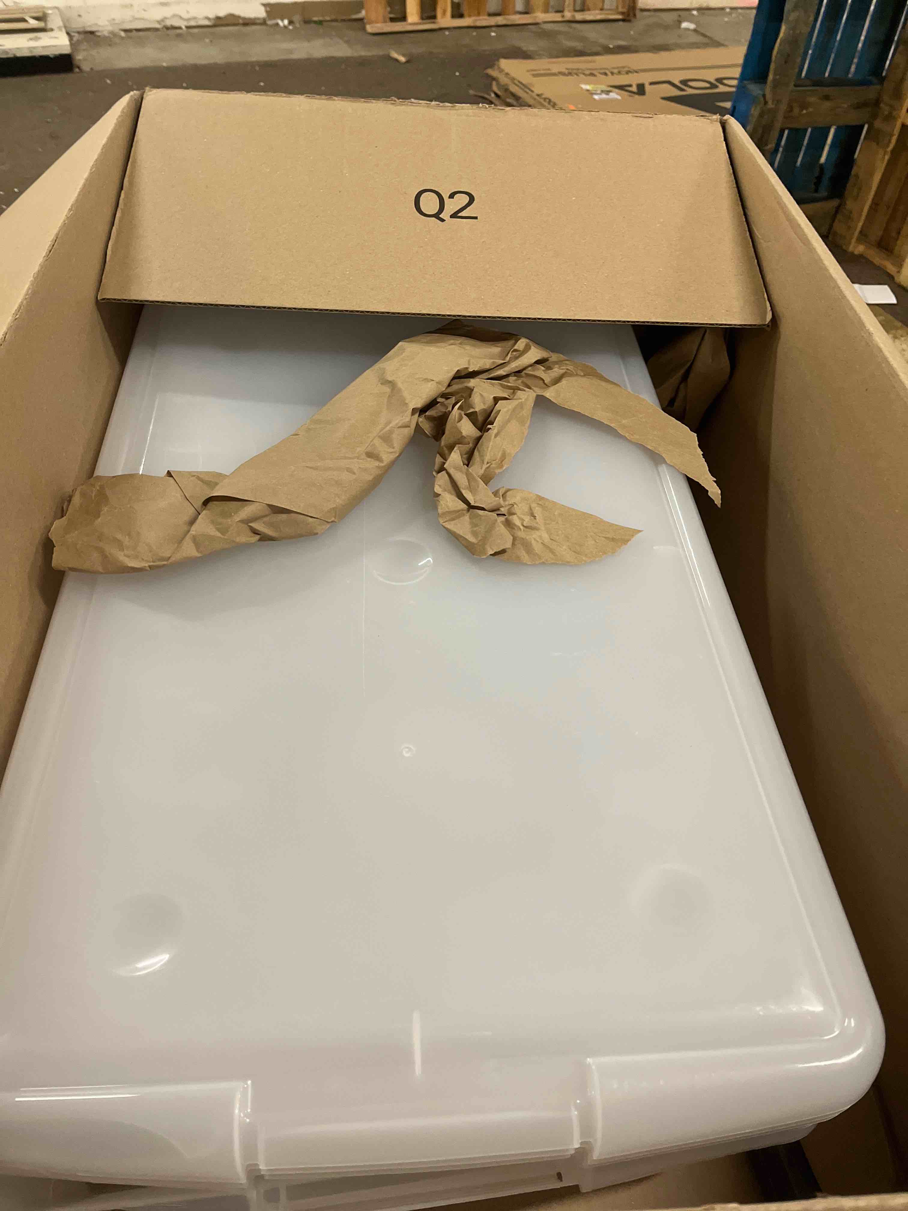 Condition photo showing Good Condition for 4Pack 40 Qt Plastic Under Bed Storage Organizer Bin Container with Secure Lids and Durable Wheels, Clear