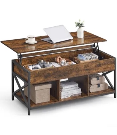 VASAGLE Lift Top Coffee Table, Lift Coffee Table with Storage Shelf, Hidden Compartments and Lifting Top, for Living Room, Office, 19.7 x 47.2 x (19.3-24.4) Inches, Rustic Brown and Black ULCT212B01