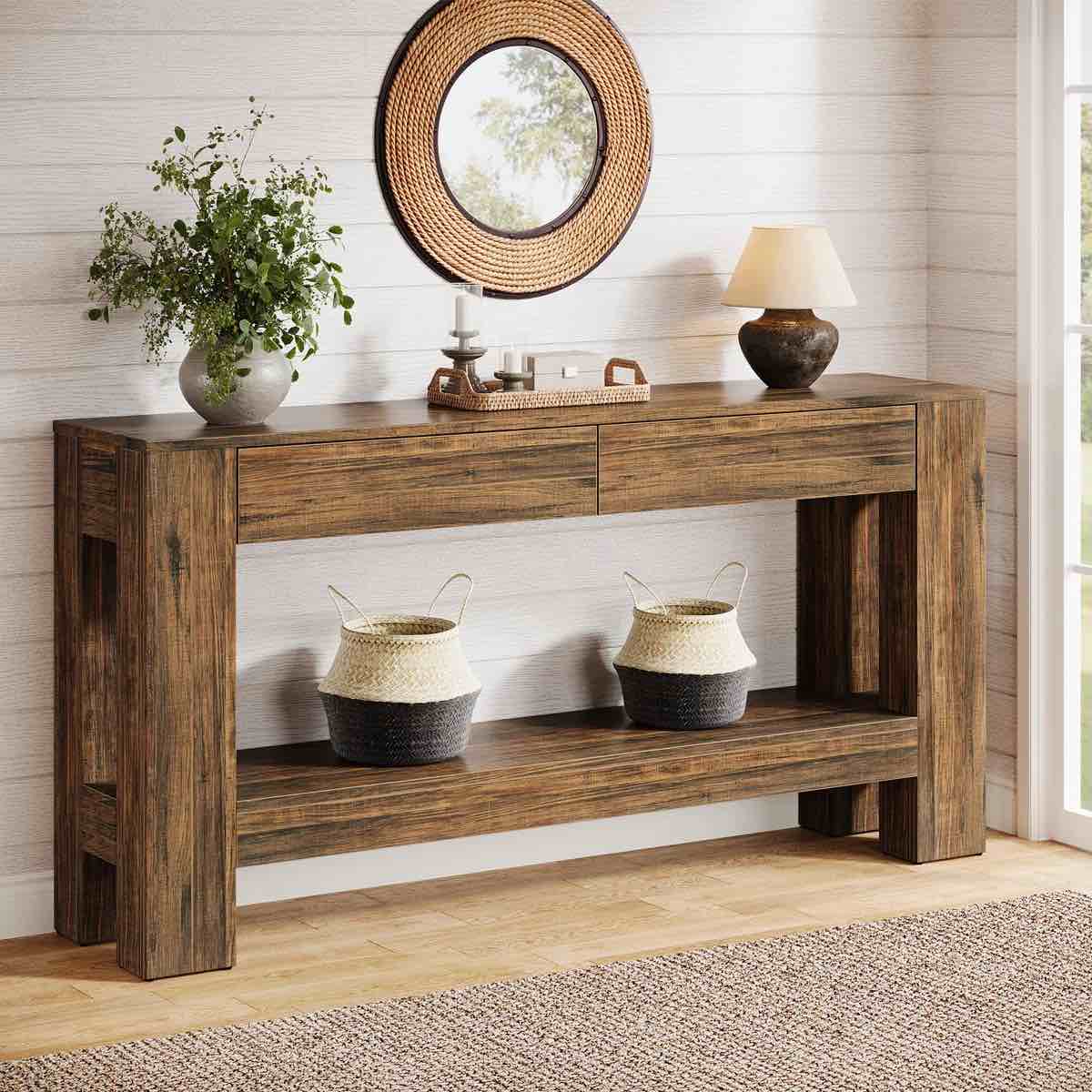 63-Inch Farmhouse Console Table With 2 Drawers For Living Room, Entrance, Hallway
