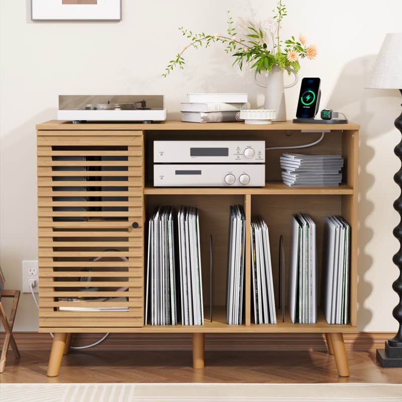 Record Player Stand With Charging Station, Mid-century Turntable Stand With Slatted Doors, 40" W Record Player Table Holds Up To 350 Albums Vinyl Storage Display Shelf For Living Room, Oak 
