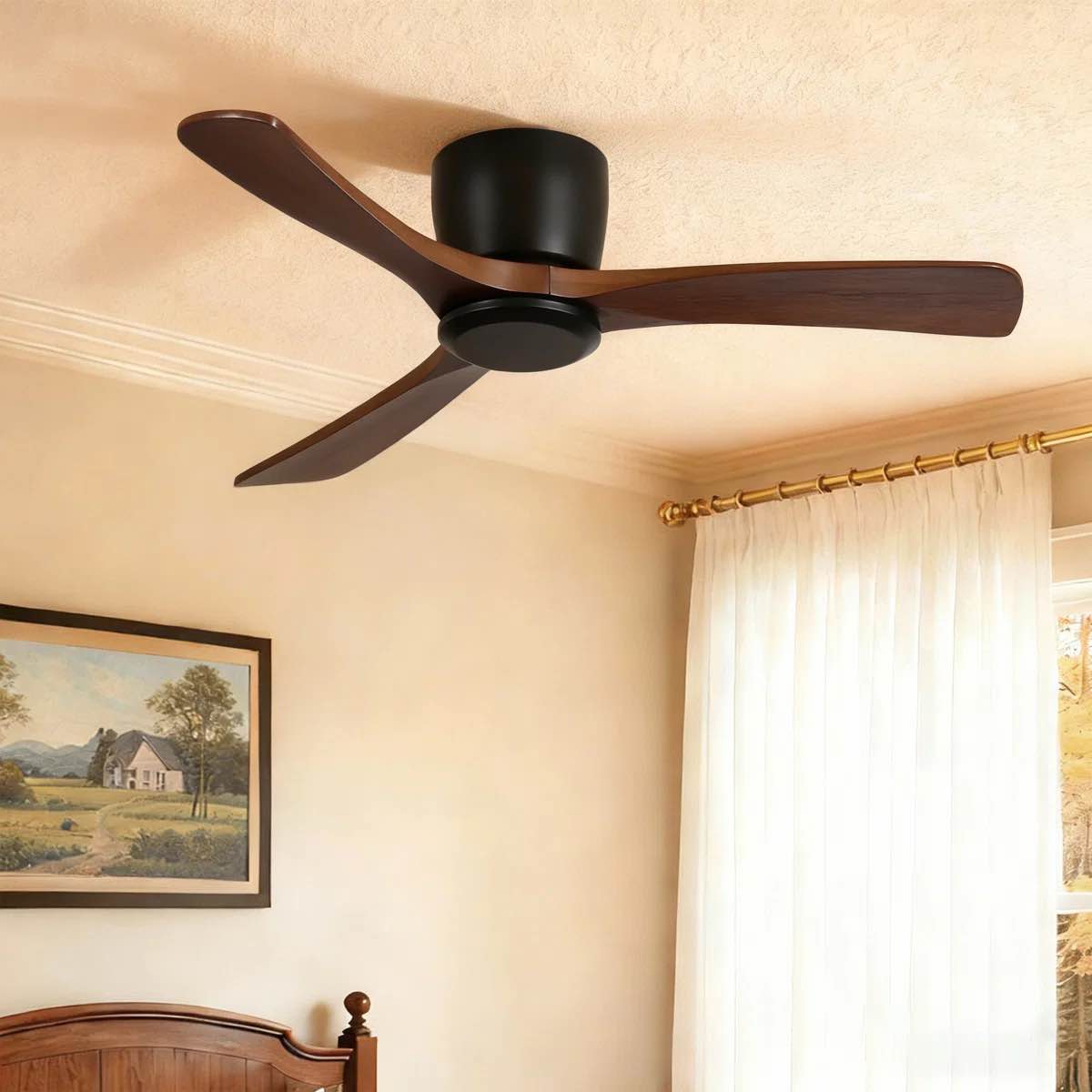 42 in. 3 - Blade Flush Mount Ceiling Fan with Remote, Reversible DC Motor, 6 Speeds, Black 