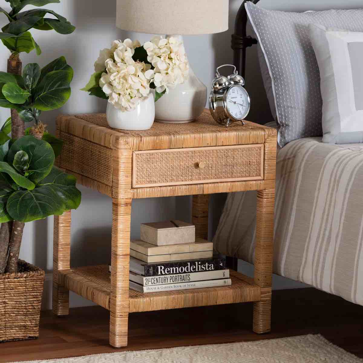 Amoll 1 - Drawer Rattan and Solid Wood Nightstand in Natural Brown