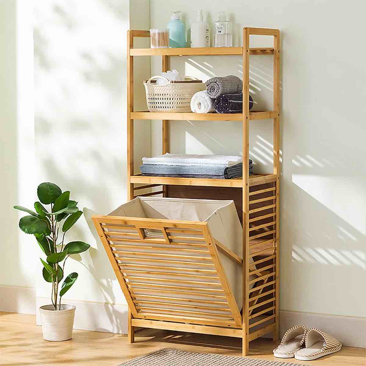 Katelynn Solid Wood 20" W Bamboo Freestanding 4 Tire Linen Cabinet Storage with Laundry Hamper 