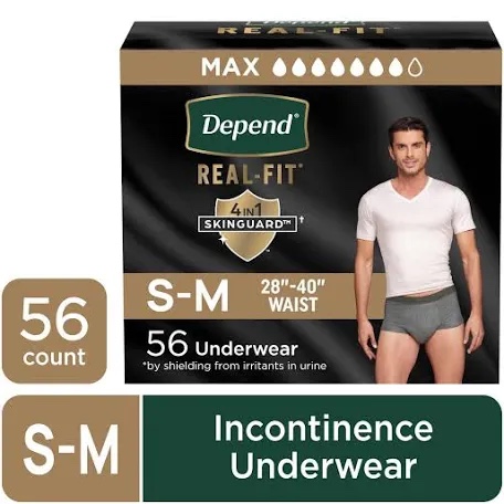 Depend Real Fit Incontinence Underwear for Men, Disposable, Maximum Absorbency, Small/Medium, Grey, 56 Count (2 Packs of 28), Packaging May Vary
