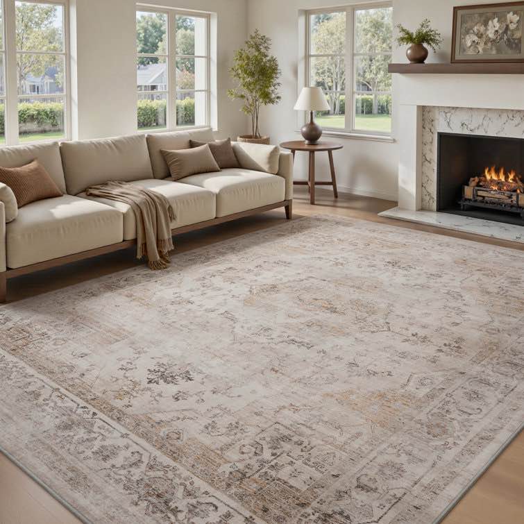 Soft Beige Machine Washable Oriental Area Rug For Living Room, Bedroom (8 x 10)