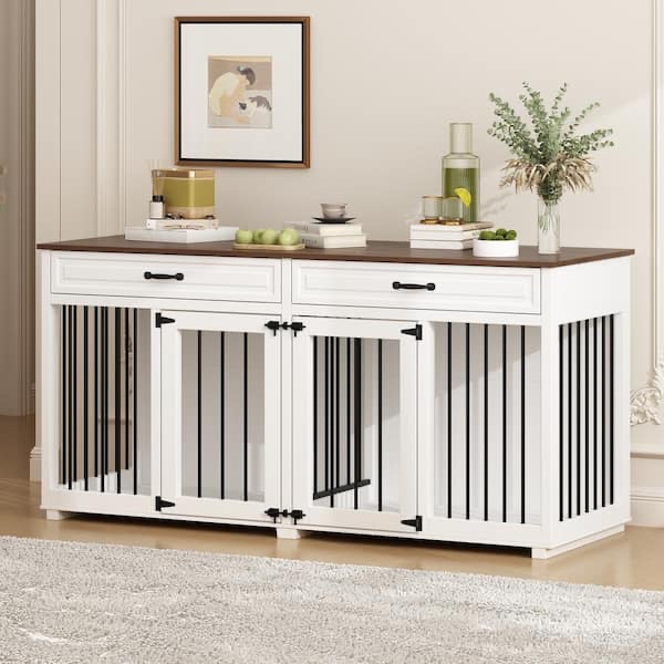 FUFU&GAGA White Wood 64.6 in. W Accent Storage Cabinet with 2-Drawer, Dog Crates Cage Furniture for Small, Medium Dog