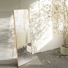 (2) aluminum frame large mirror, 59"x16" full length mirror with stand, free standing leaning mirror hanging mounted mirror for bathroom living room, gold (bid is per item, lot mis for 2 mirros total)