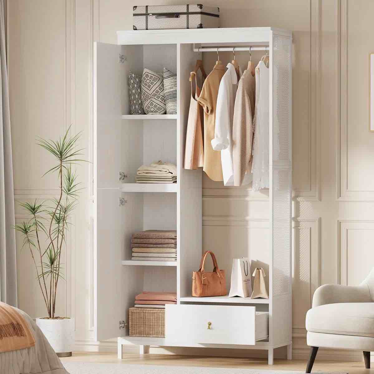 Modern Armoire Wardrobe Closet, Wood and Metal Frame Clothes Storage Organizer with Double Closed Doors, Open Hanging Rod, Bottom Drawer, Freestanding Bedroom Furniture for Small Spaces, White