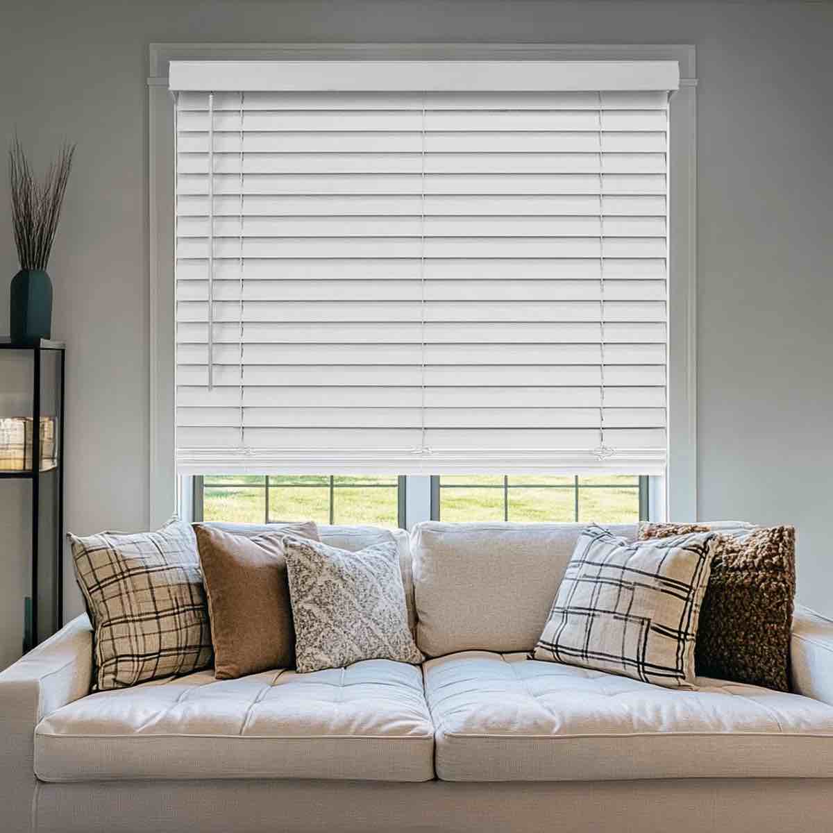2 inch cordless, blackout faux wood blinds with laguna valance white