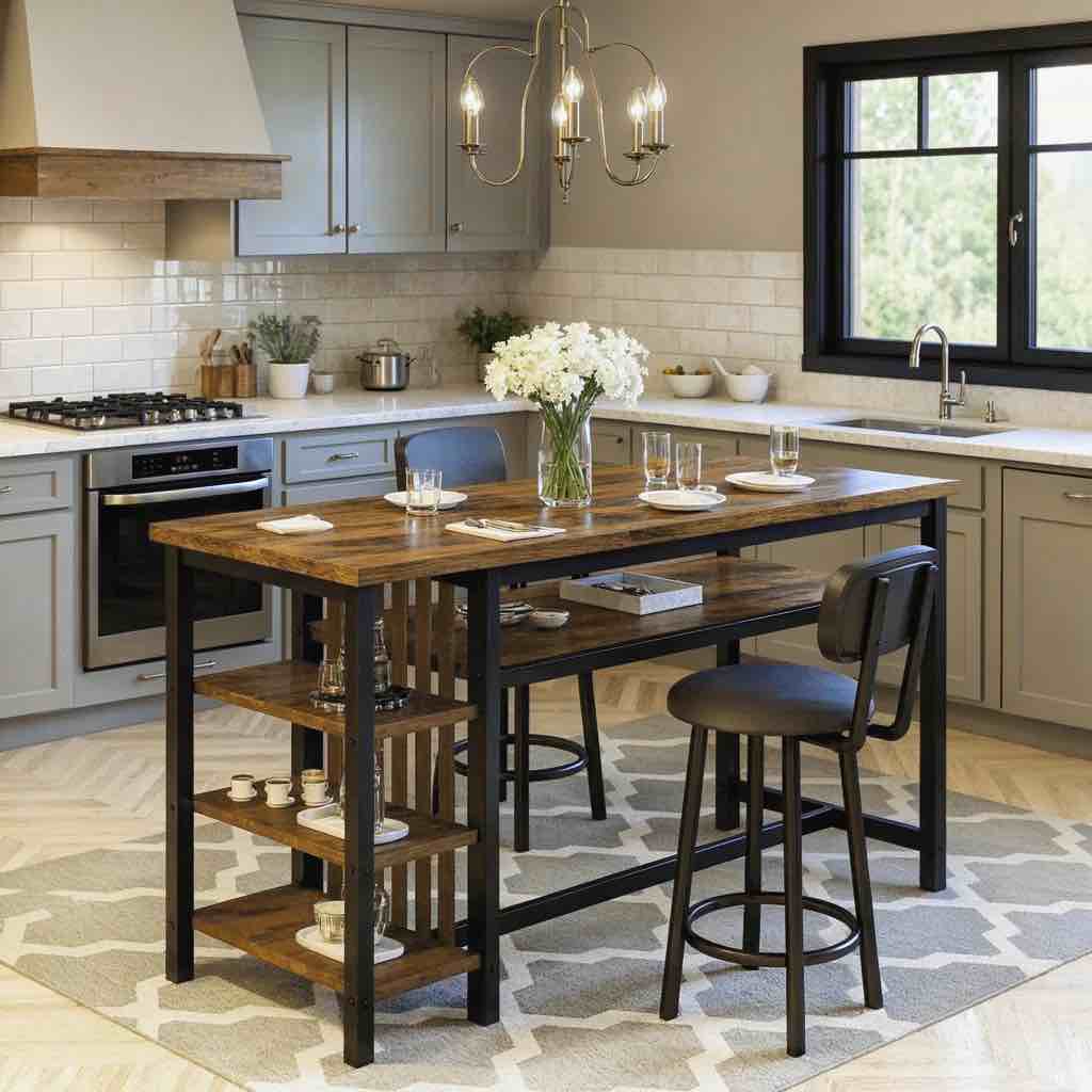 Bar Table Set For 2 With 4 Storage Shelves, 47" Industrial Breakfast Table And 2 Upholstered Counter Stools with Backrest & Footrest, Space Saving 3-Piece Dining Set of 2 for Kitchen, Living Room, Studio, Pub