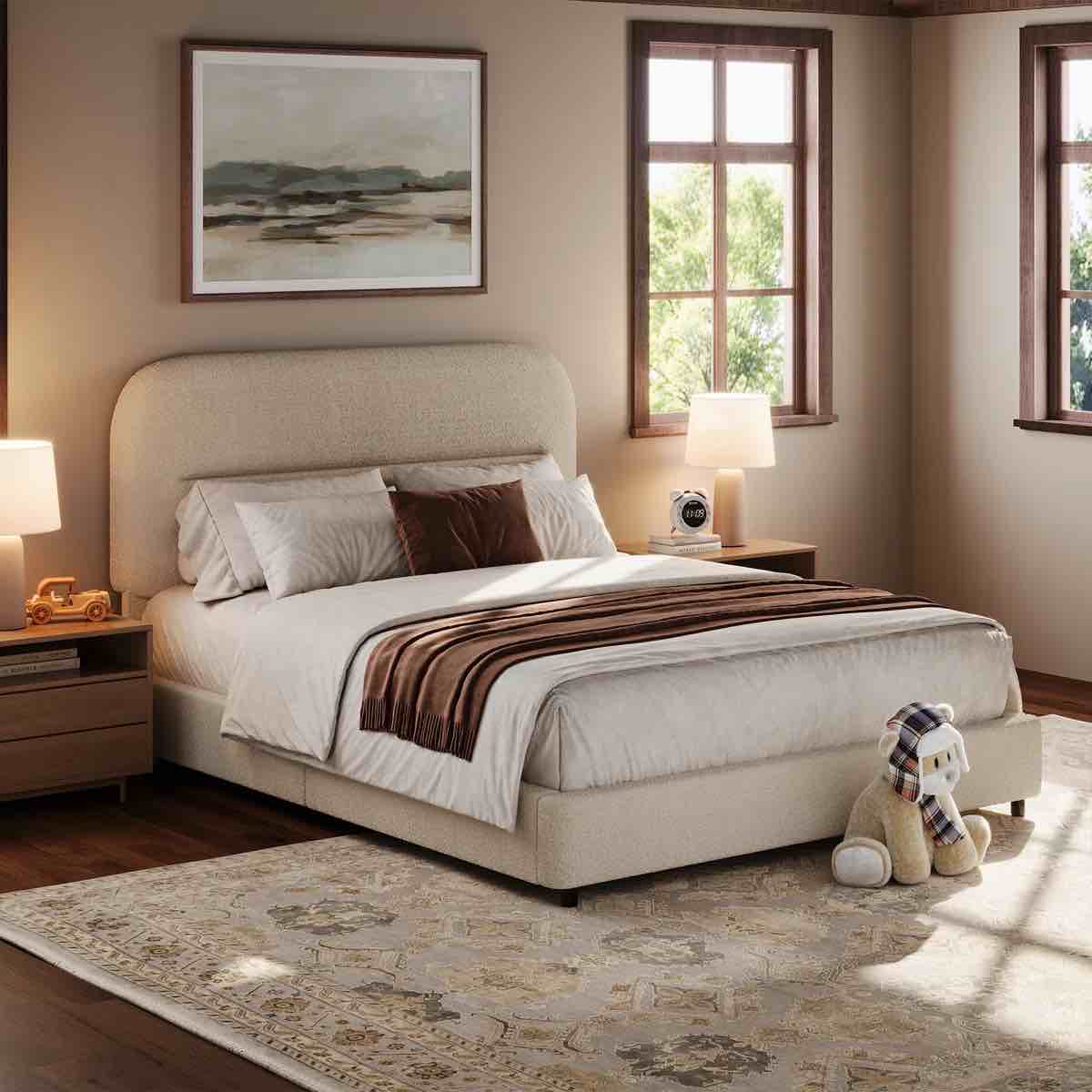 Aadi Platform Bed Frame, Cloud Collection with Boucle Upholstery & Rounded Headboard, Thickened Footboard