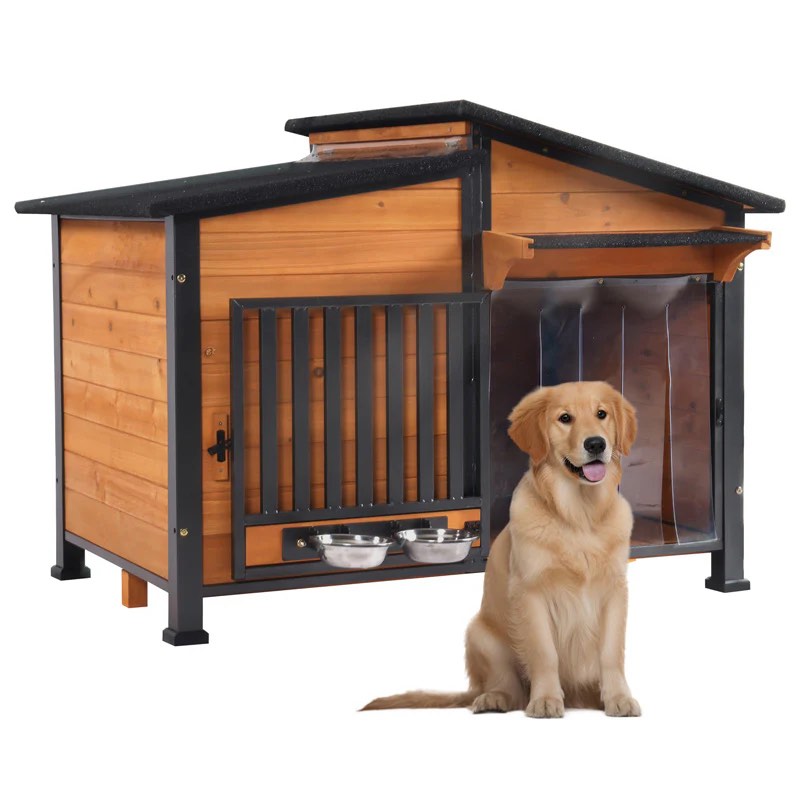 Aivituvin Wooden Dog House, Brown, 39.7 x 25.5 x 32.2-in