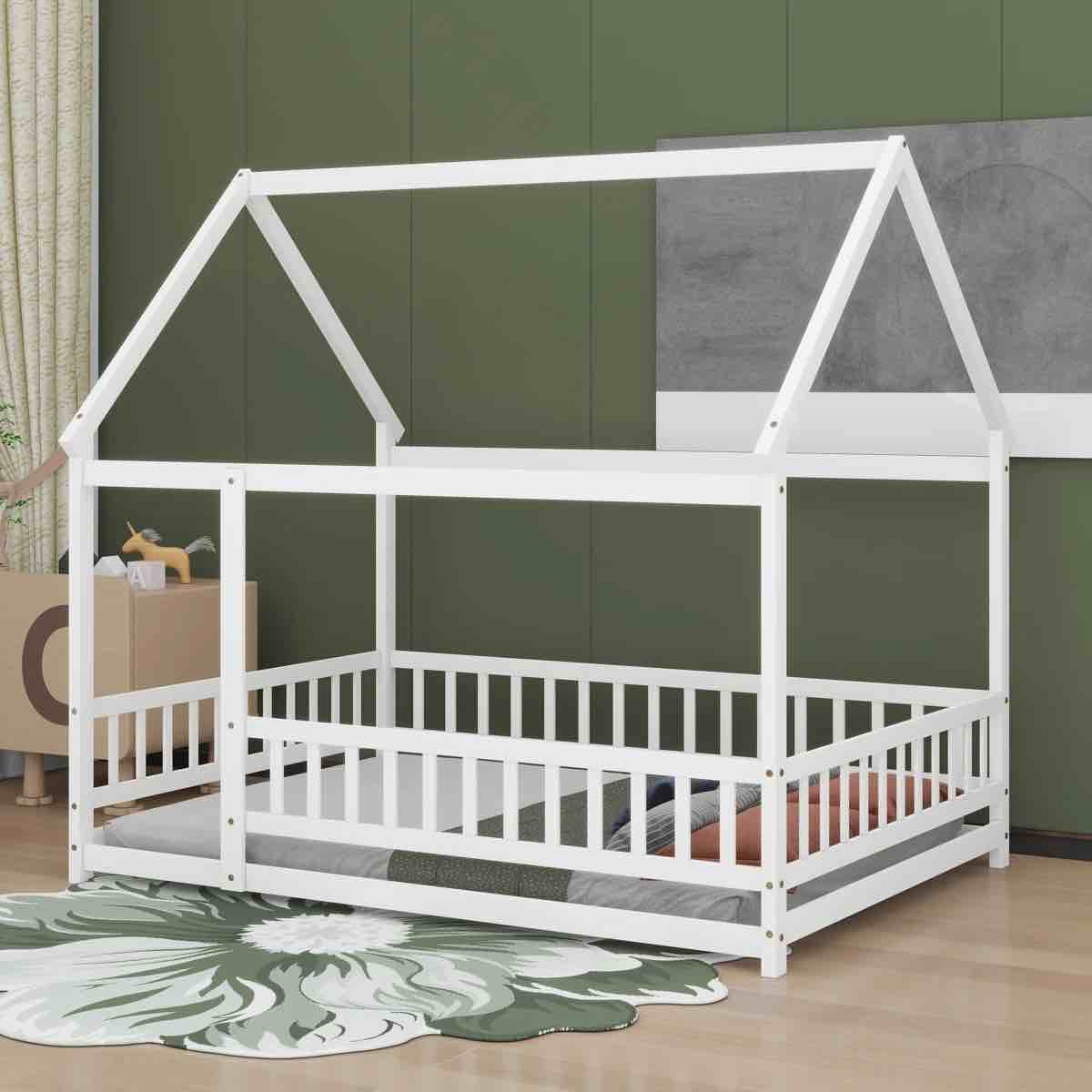 Full Size House Floor Wooden Bed With Roof Frame, Safety Guardrails,Whtie