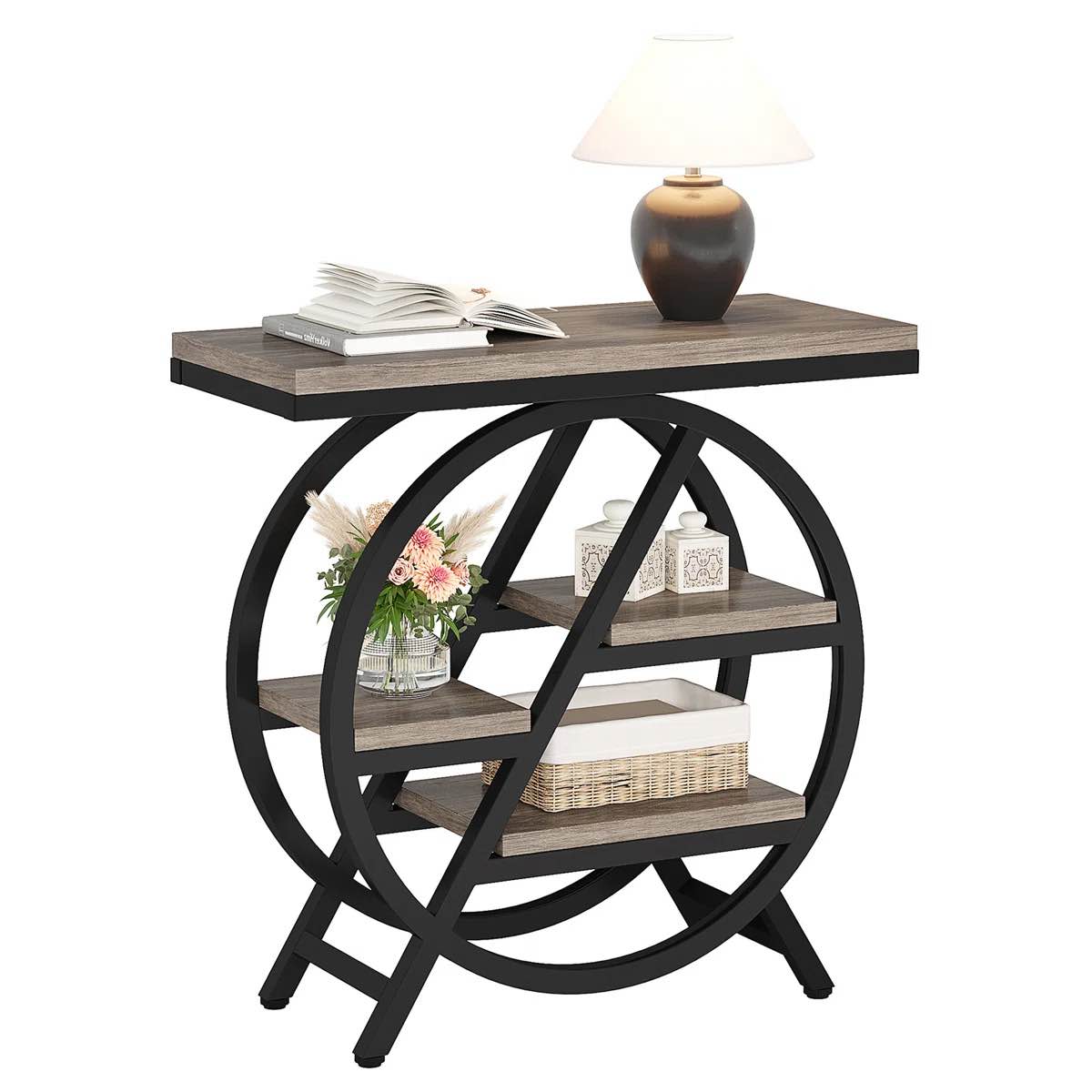 tribesigns end table for living room, 3-tier narrow side table with storage, wood sofa side table with geometric metal frame, industrial nightstand and bedside table for bedroom, black