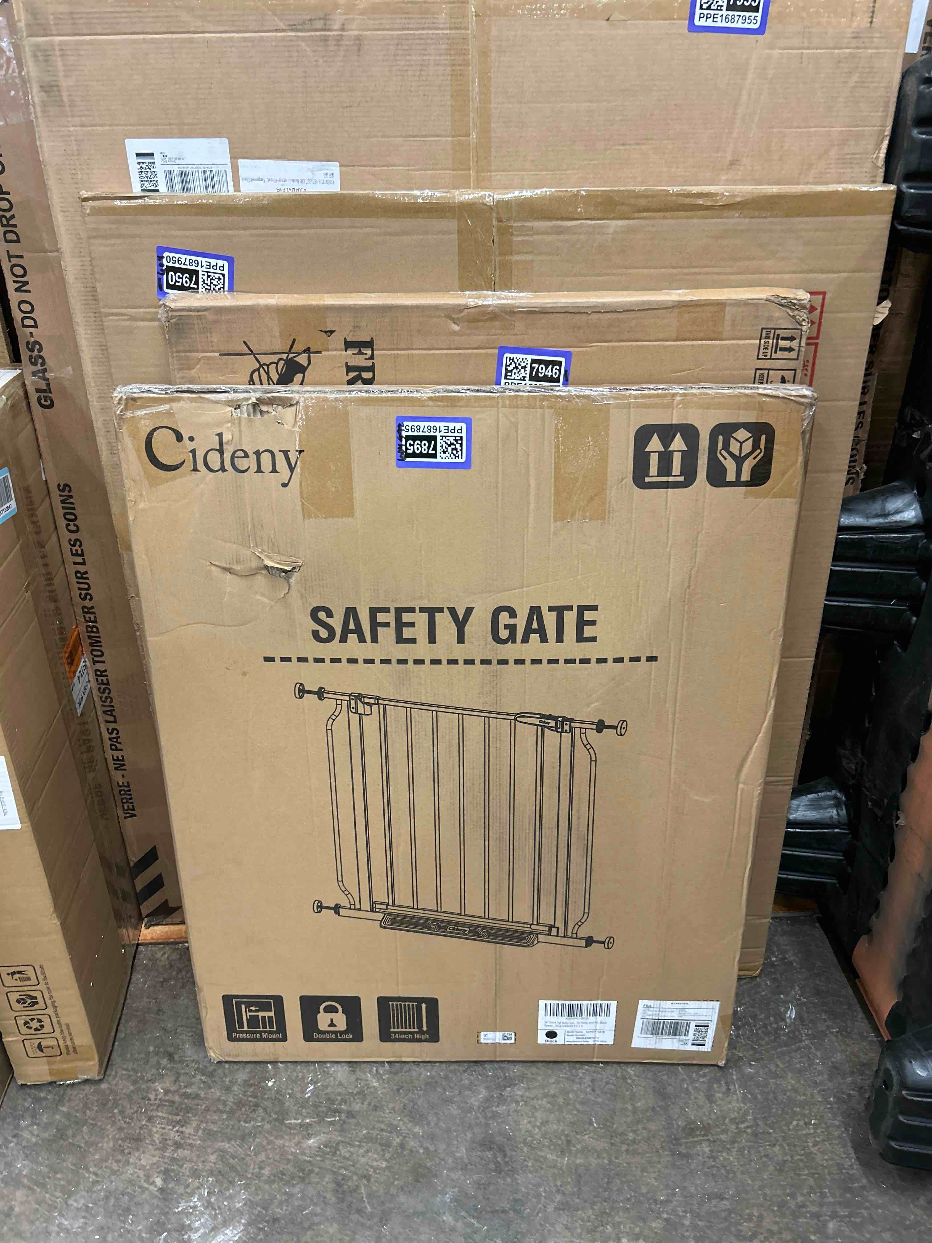 Condition photo showing New/Like New for 34" extra tall baby gate for stairs, auto close stroller friendly dog gate indoor for doorways, pressure mounted 29"-40" wide baby gate, easy walk through gate for children & pets, black