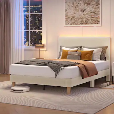 Bestier - Full Size Corduroy Upholstered Bed Frame Adjustable Headboard, Warm LED Light & No Box Spring Needed - Off White