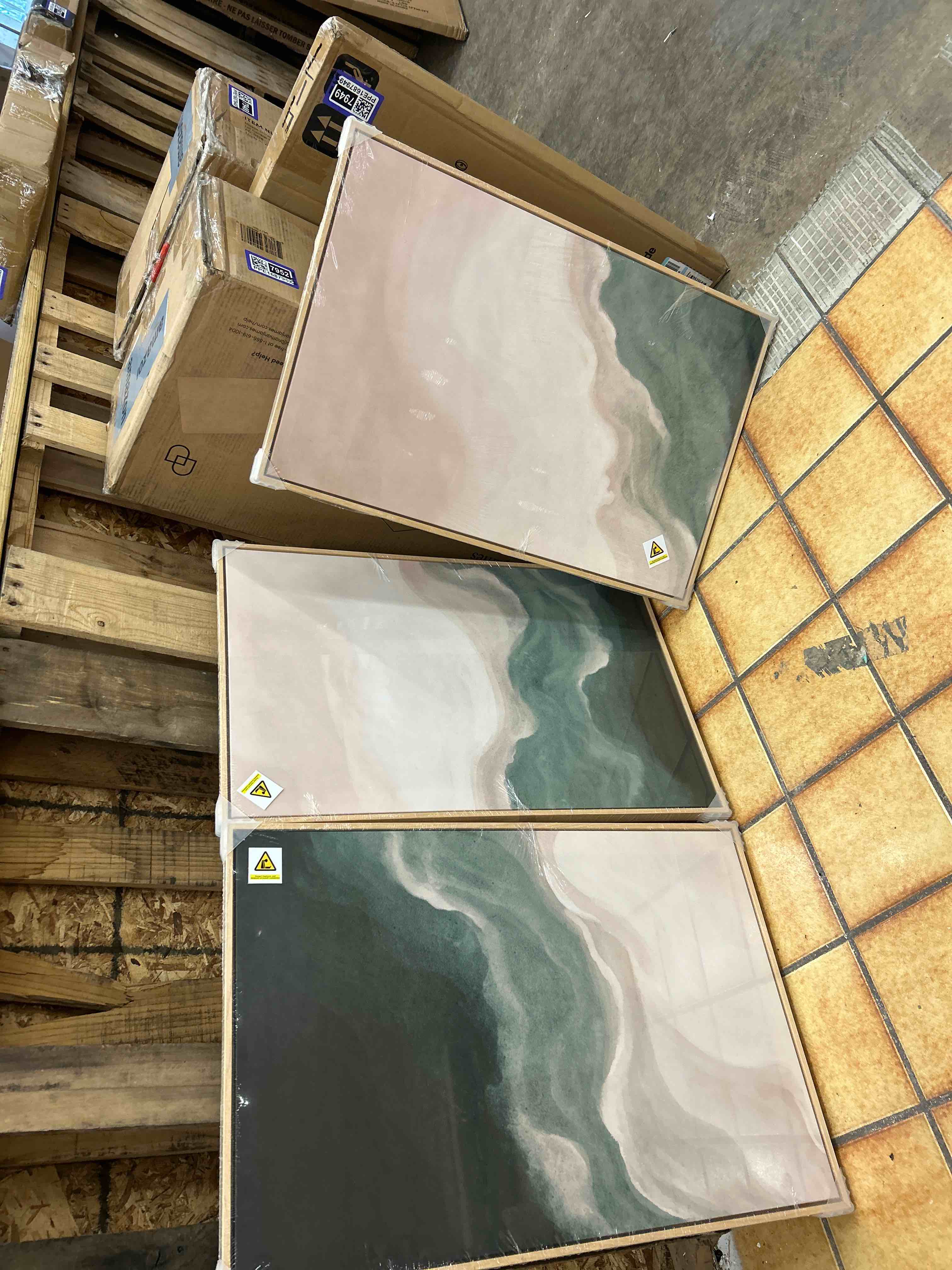 Condition photo showing New/Like New for large framed green and beige abstract wall art set of 3, modern neutral canvas prints paintings artwork for walls, minimalist abstract pictures for living room dining room bedroom wall decor 20x30 in