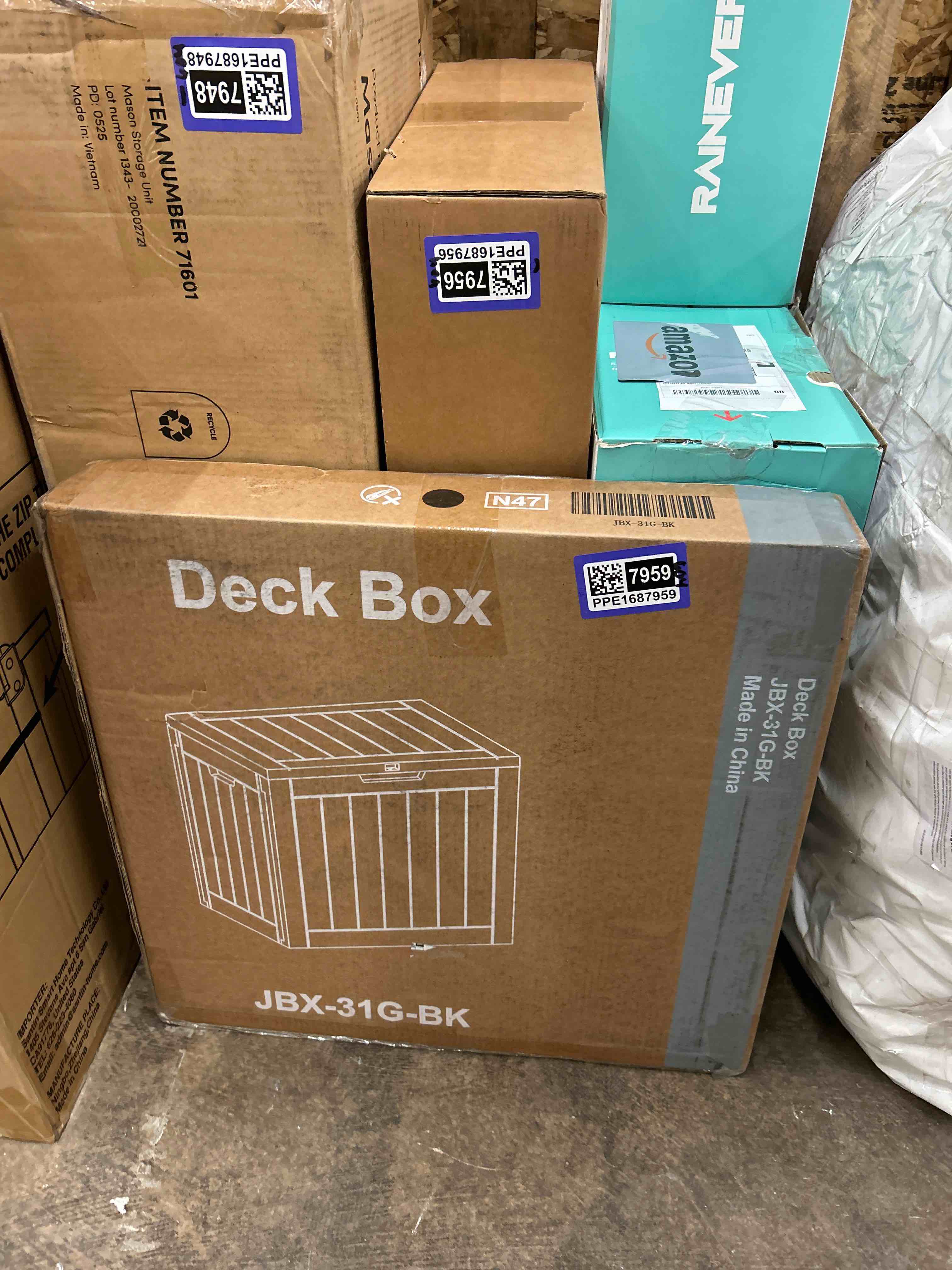Condition photo showing New/Like New for east oak outdoor storage box, 31 gallon deck box indoor and outdoor use, waterproof resin storage bin for package delivery, patio cushions, gardening tools, lockable, uv resistant, grey