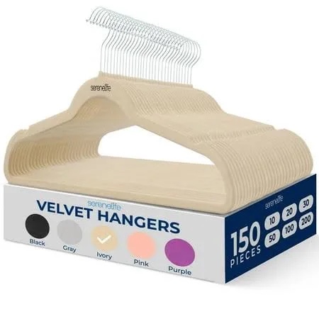 serenelife 150 pack velvet hangers - non-slip with 360° swivel hook - ultra-thin, lightweight, space-saving, felt hangers for shirts, sweaters, hoodies, kids clothes & dresses