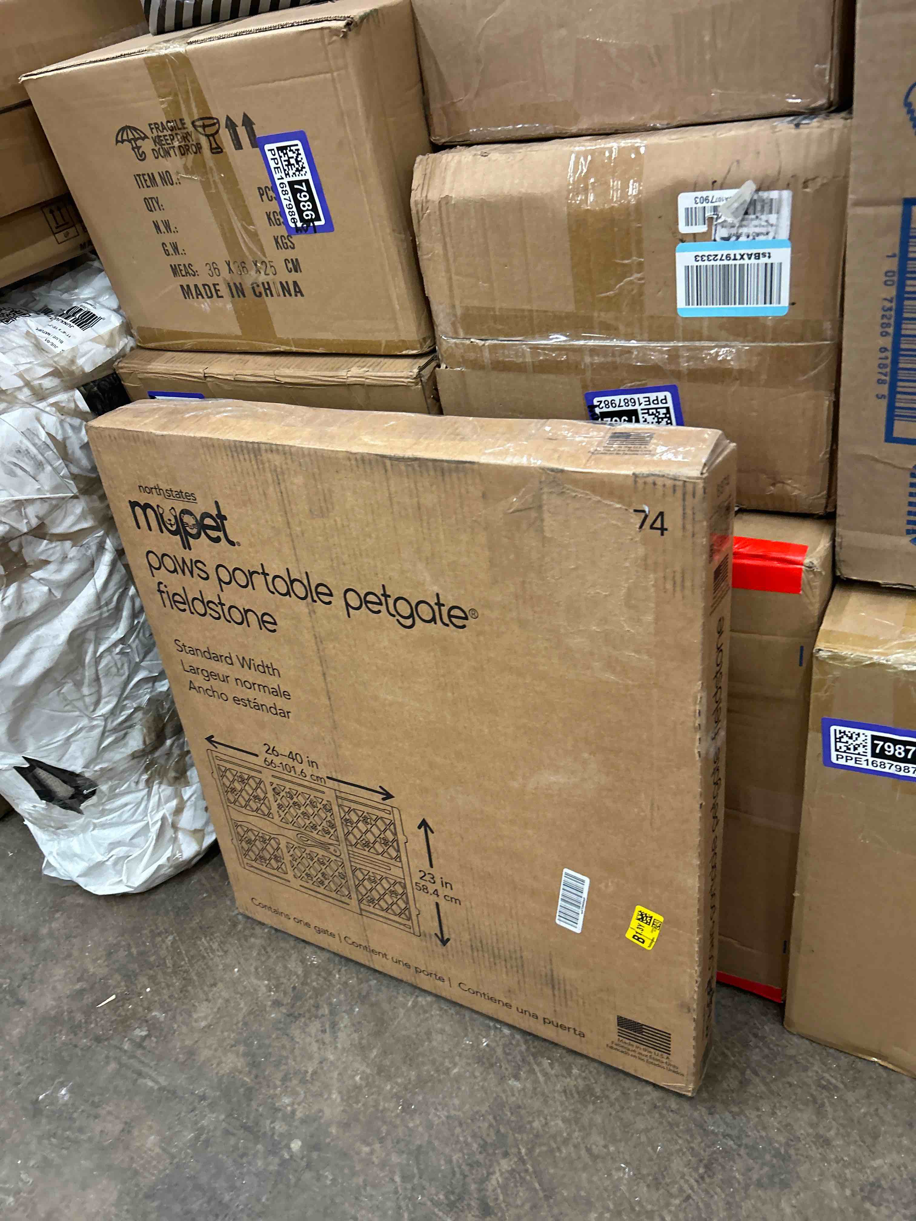 Condition photo showing New/Like New for mypet north states paws portable pet gate: 26-40" wide. pressure mount. no tools needed. made in usa, 23" tall, expandable, durable dog gates for doorways, fieldstone gray