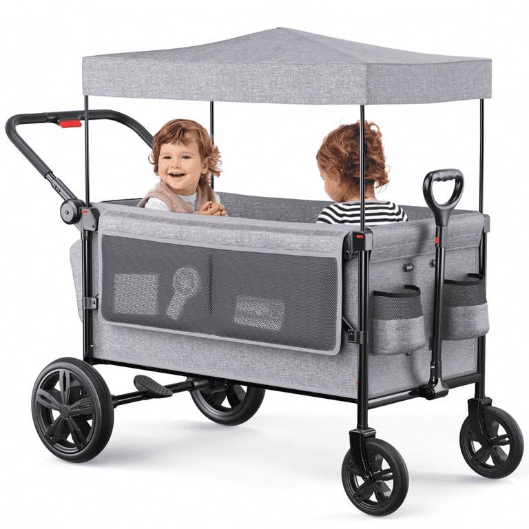 sacvon all-terrain stroller wagon for toddlers with canopy, parent organizer, adjustable handlebar, 2 cup holders