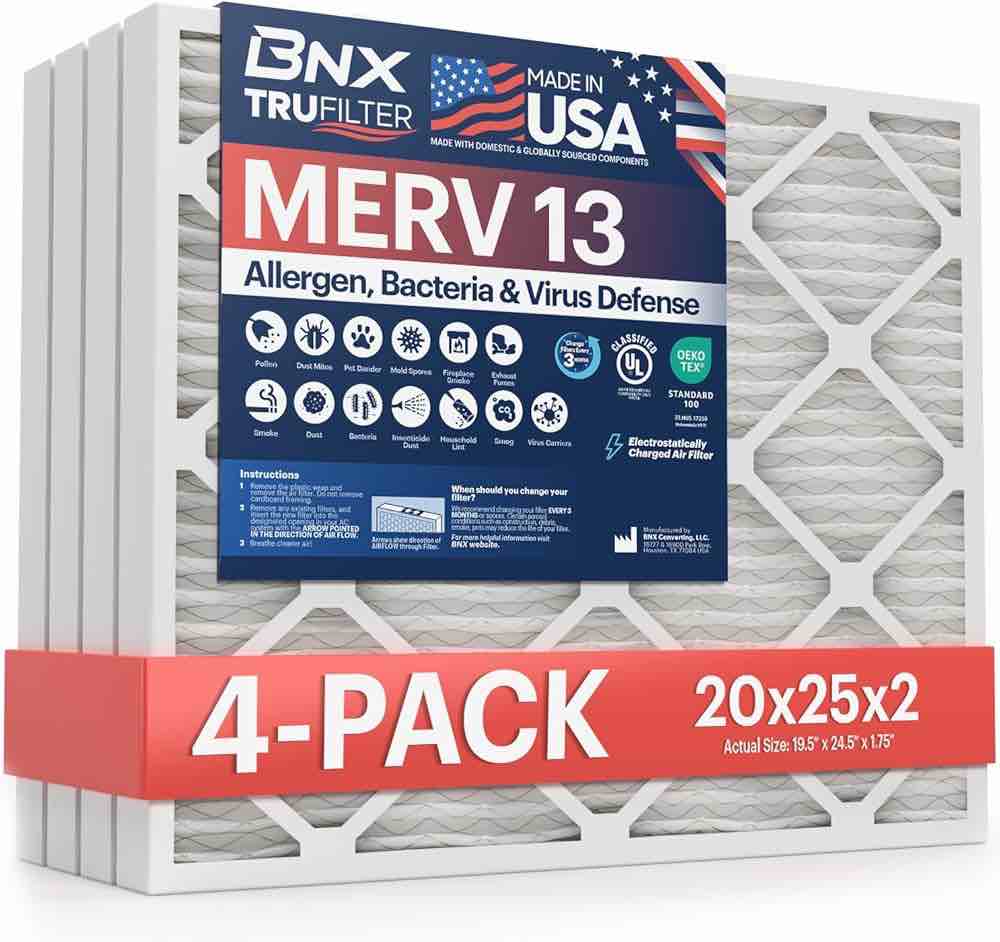 bnx trufilter 20x25x2 merv 13 (4-pack) ac furnace air filter - made in usa - electrostatic pleated air conditioner hvac ac furnace filters - removes pollen, mold, bacteria, smoke