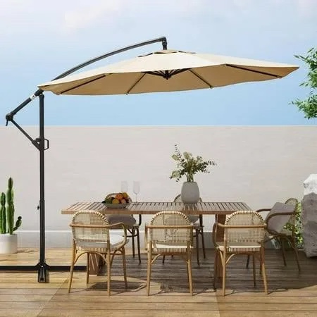 wikiwiki 10ft patio umbrellas offset outdoor cantilever hanging umbrella w/infinite tilt, fade resistant waterproof recycled fabric canopy for yard, garden & deck, beige