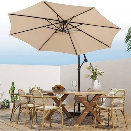 Condition photo showing New/Like New for wikiwiki 10ft patio umbrellas offset outdoor cantilever hanging umbrella w/infinite tilt, fade resistant waterproof recycled fabric canopy for yard, garden & deck, beige
