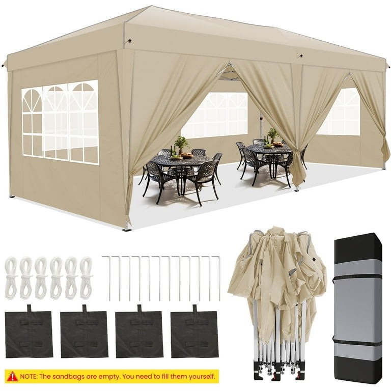 cobizi 10x20 feet pop-up canopy tent for parties, easy up party tent waterproof canopy tent with sidewalls, outdoor event tent for wedding, backyard, with center lock, sandbags,top reinforced,khaki