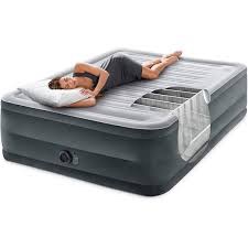 intex 64417ed 22in queen dura-beam comfort plush high-rise inflatable air mattress with built in pump for travel and camping, 600lb weight capacity