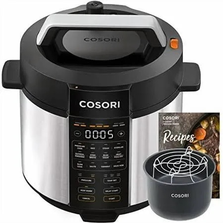 cosori pressure cooker 6qt, stainless steel, 9-in-1 multi cooker, 12 safety features, ceramic inner pot, rice, slow cook, sous vide, saute, 1100w