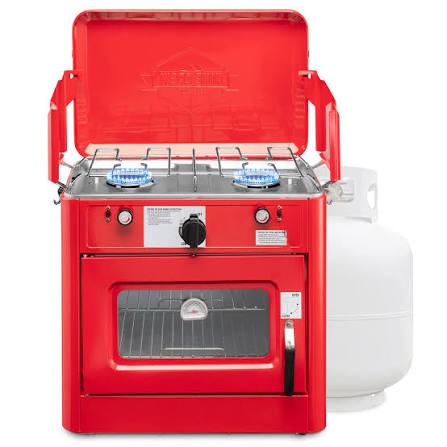 Condition photo showing New/Like New for hike crew outdoor gas camping oven w/carry bag csa approved portable propane-powered 2-burner stove & oven | auto ignition, overheat safety shutoff, built-in thermometer hose & regulator included