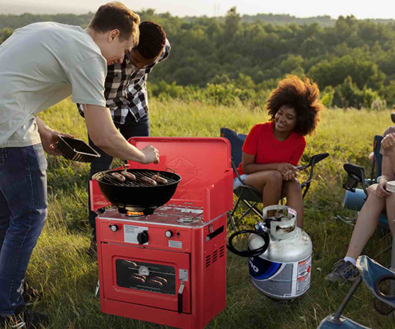hike crew outdoor gas camping oven w/carry bag csa approved portable propane-powered 2-burner stove & oven | auto ignition, overheat safety shutoff, built-in thermometer hose & regulator included
