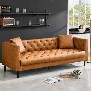 Garvee Modern PU Leather Couch for Living Room, 81" Chesterfield Sofa with Deep Seats and 2 Pillows, 3 Seater Sofa with Button Tufted, Sleeper Sofa for Apartment, Office, Brown