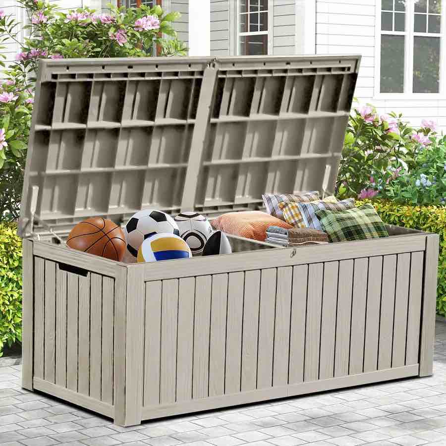 Keter Westwood 150 Gallon Resin Large Outdoor Storage Box for Patio Furniture, Outdoor Cushions, Garden Tools and Pool Floats, Light Grey