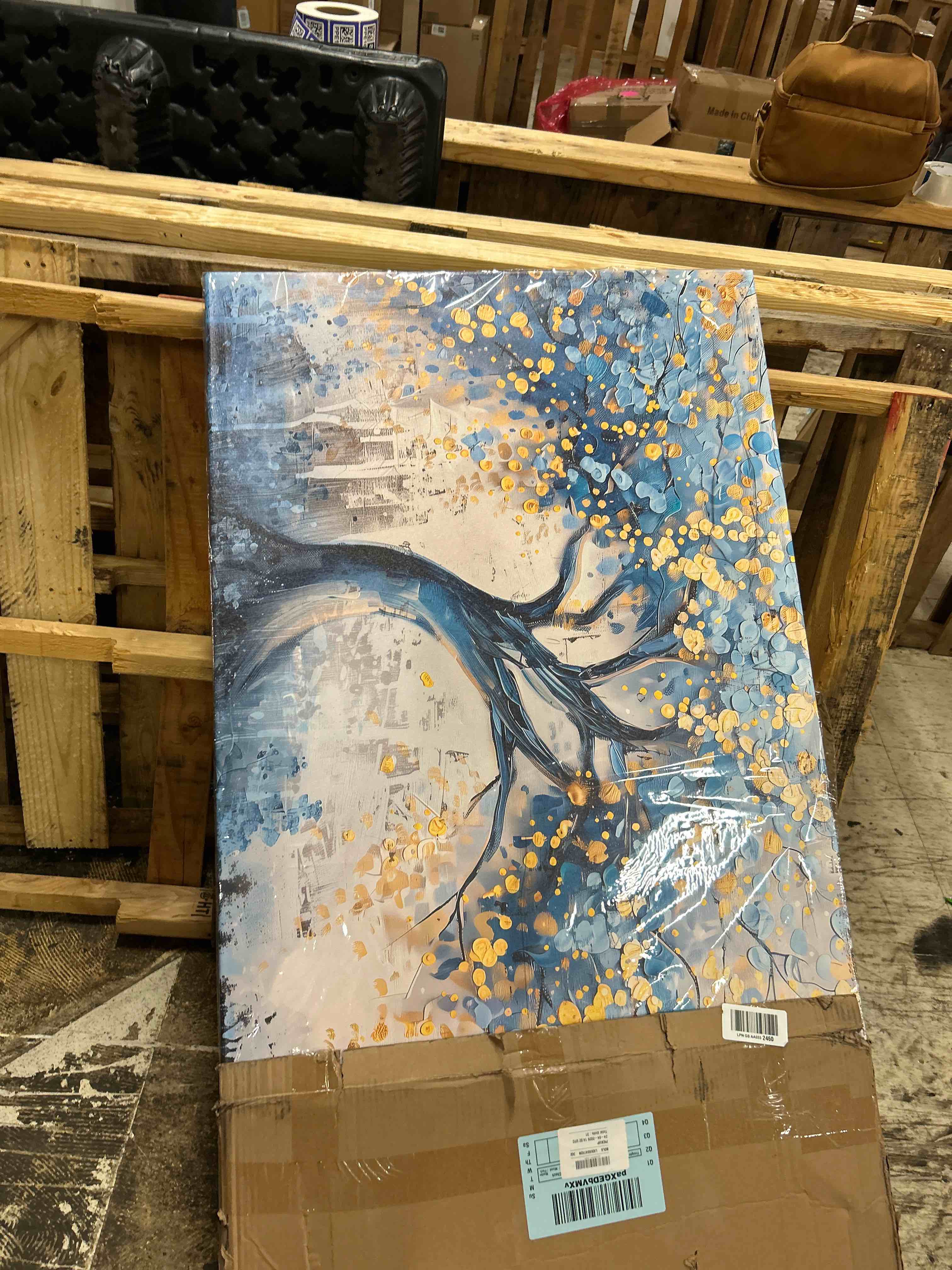 Condition photo showing New/Like New for wall art tree of blue life abstract canvas painting textured picture, modern landscape artwork framed for living room bedroom bathroom office home decor 58x28in