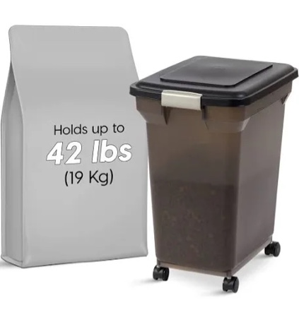 iris usa weatherpro airtight dog food storage container, up to 42 lbs, attachable wheels, for dog cat bird and other pet food storage bin, keep fresh, easy mobility, bpa free, smoke/black
