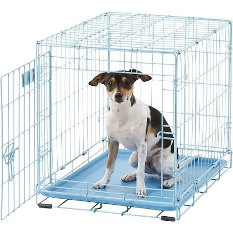 blue dog crate | midwest icrate 24 blue folding metal dog crate w/ divider panel floor protecting feet & leak proof dog tray | 24l x 18w x 19h inches small