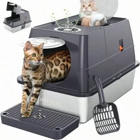stainless steel litter box with lid, 135° flip-top extra large cat litter pan, enclosed metal litter box with litter scoop & filter pedal, odor free, front & top dual entry