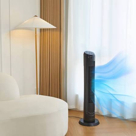 amazon basics 40" 70-degree oscillating digital tower fan for bedroom, living room, office, with 4 speeds, 3 modes (standard, breeze, nature), timer up to 15 hours, remote control, 50w, black